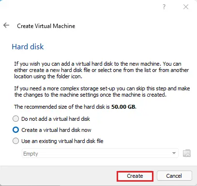 Create a virtual hard disk now