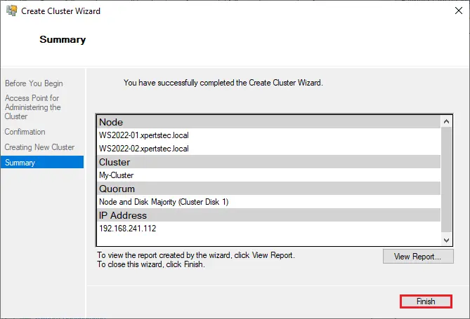 Create cluster wizard summary