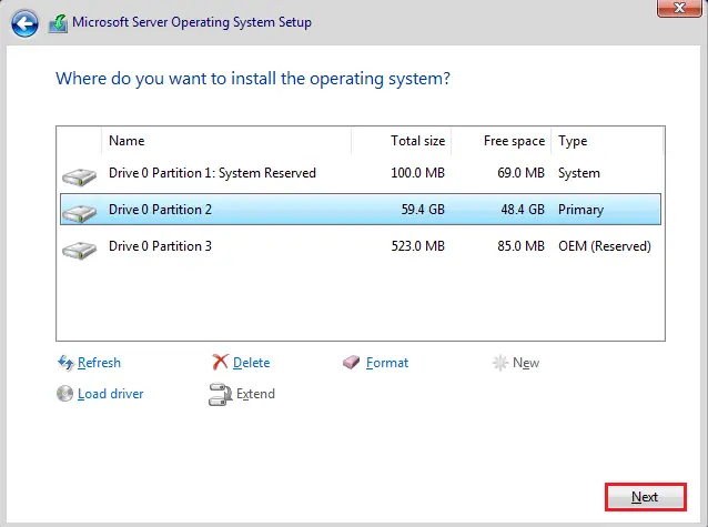 Create custom partition Server 2020