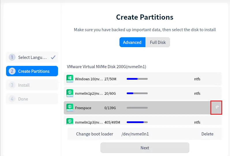 Create new partition Deepin OS