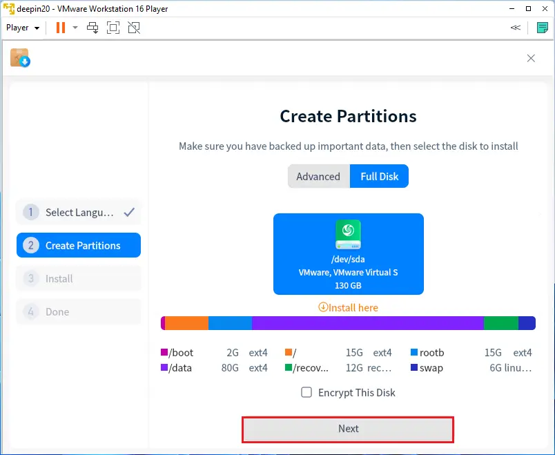 Create partition deepin full disk