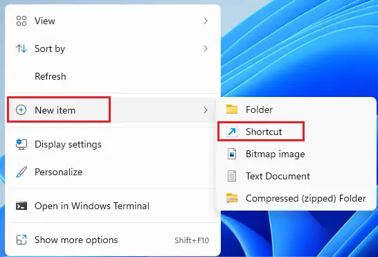 Create shortcut in Windows 11