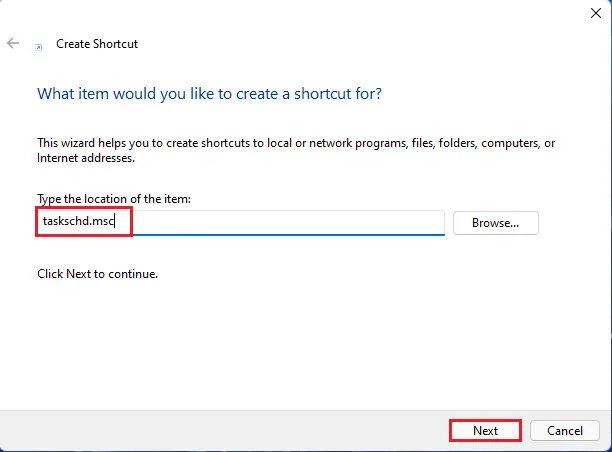 Create shortcut wizard windows