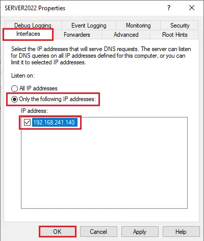 DNS server properties interfaces