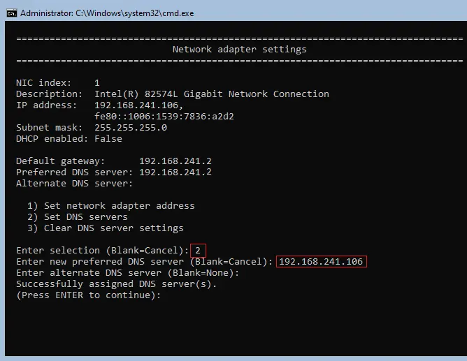 DNS settings core server