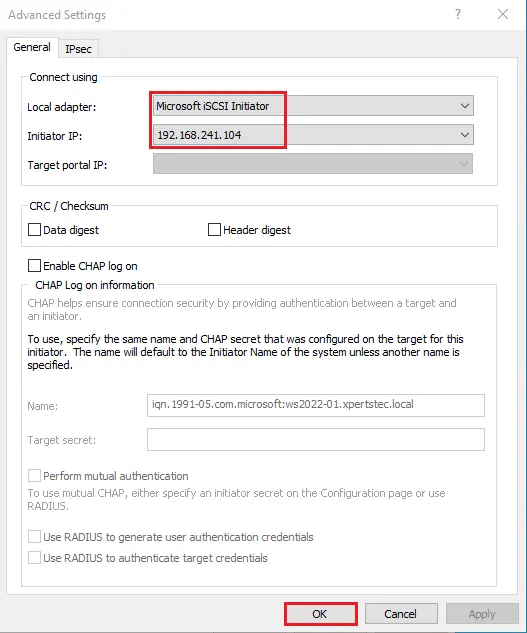 Discover target portal advanced settings