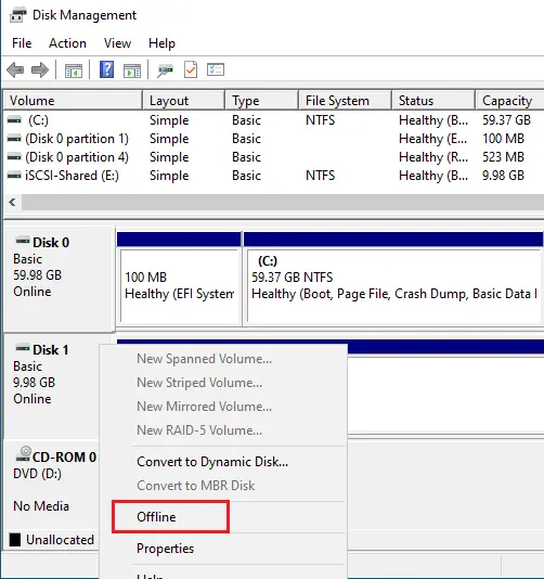 Disk management disk offline
