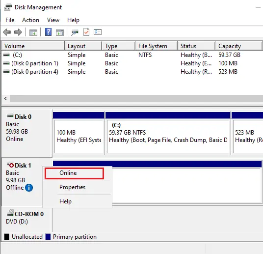 Disk management disk online