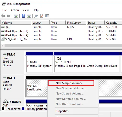 Disk management new simple volume