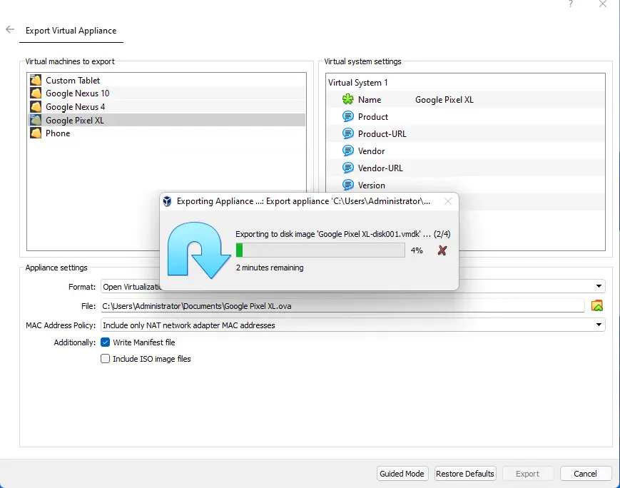 Exporting Appliance VirtualBox