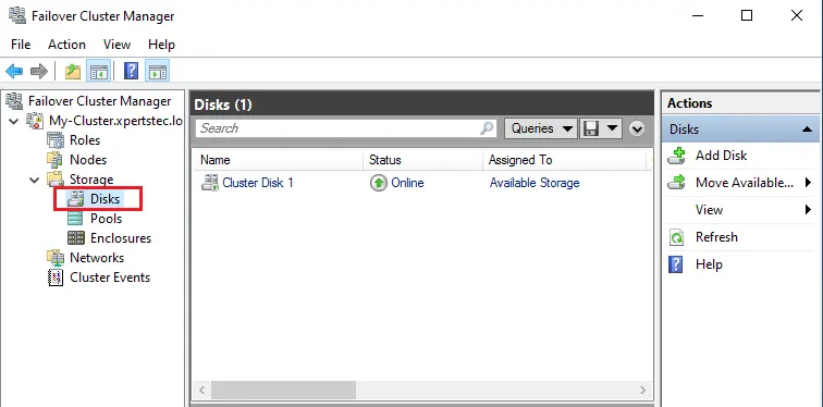 Failover cluster manager disks