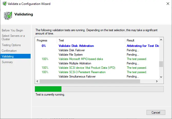 Failover cluster validation in progress