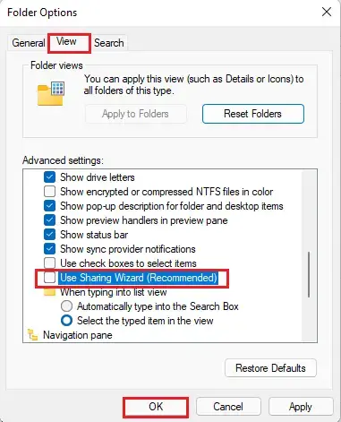 Folder options view tab