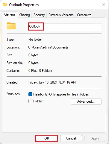 Folder properties general