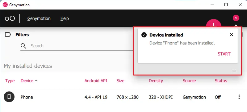 Genymotion Virtual Device installed