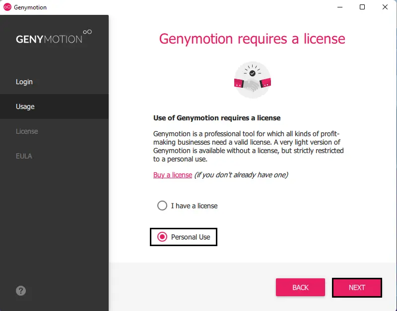 Genymotion requires a license