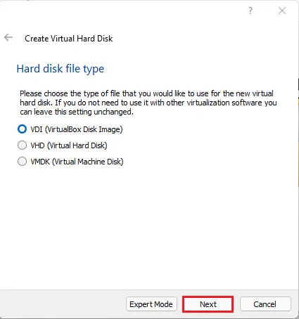 Hard disk file type vdi