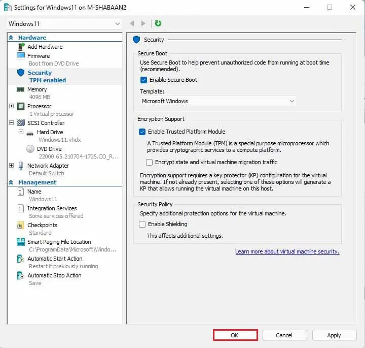 Hyper-V virtual machine settings