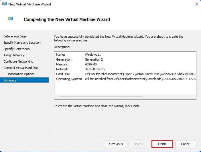 Hyper-V virtual machine summary