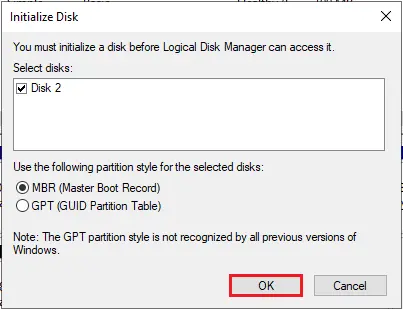 Initialize disk mbr