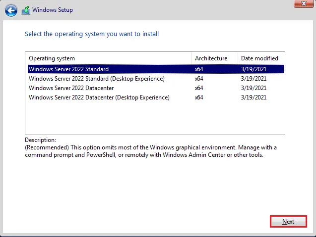 Install Windows server 2022 core