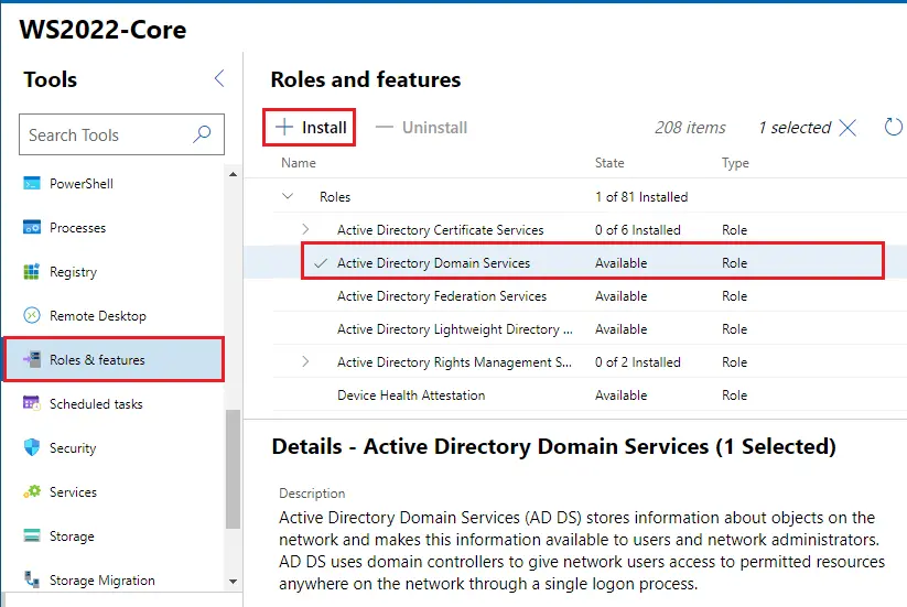 Install role and features admin center