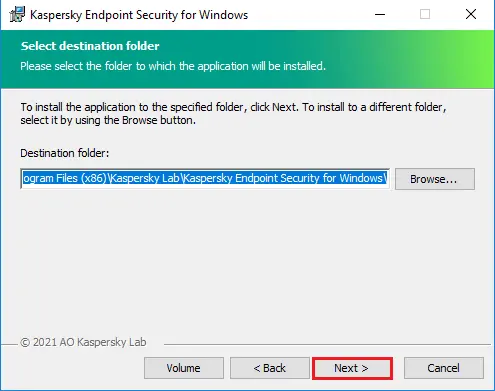 Installing Kaspersky destination folder