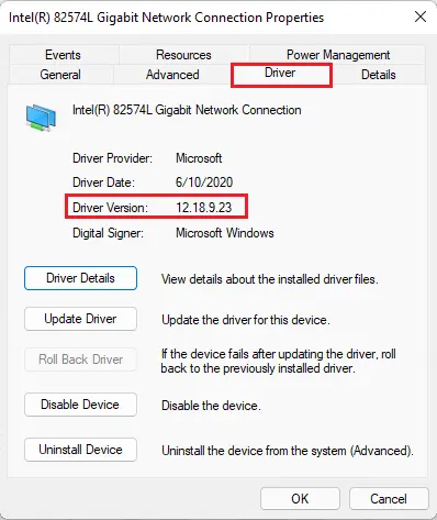 Intel driver network connection properties