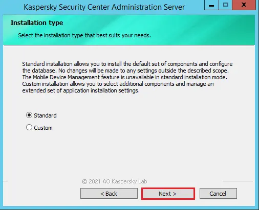 Kaspersky Security Center installation type