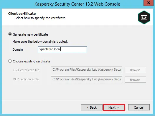 Kaspersky Specifying client certificate