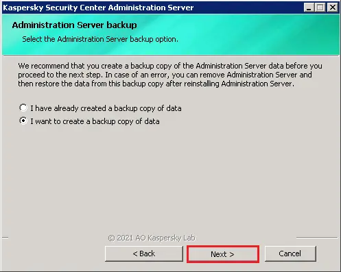 Kaspersky administrator server backup