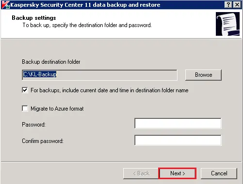 Kaspersky backup and restore settings