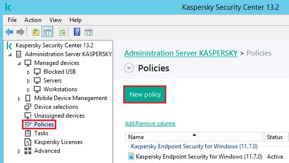 Kaspersky create new policy