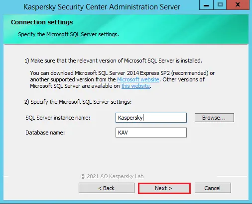 Kaspersky database connection settings