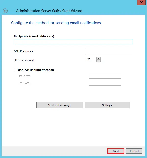 Kaspersky quick start configure recipient