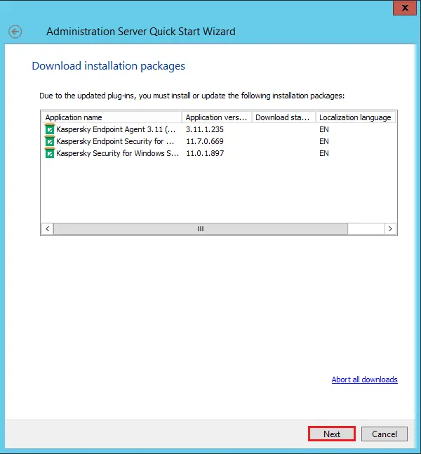 Kaspersky quick start downloading packages