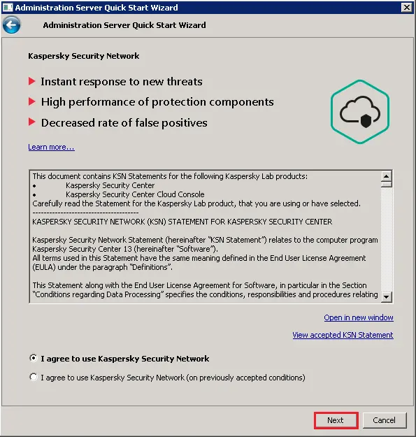 Kaspersky server quick start wizard