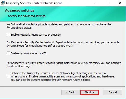 Kaspersky specify the advanced settings