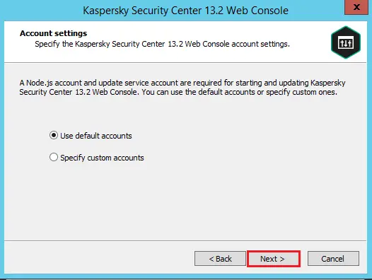 Kaspersky web console account settings