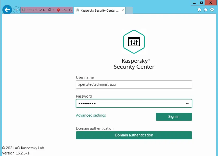 Kaspersky web console log in