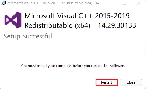 Microsoft Visual C++ setup successful