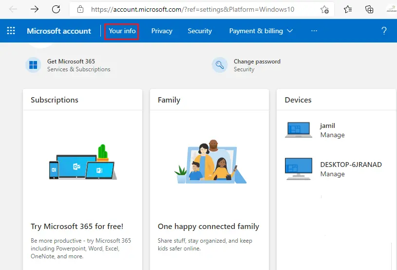 Microsoft account your info