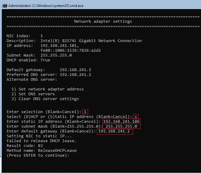 Network adapter settings core server