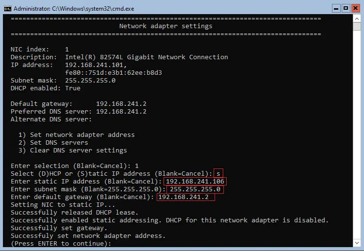 Network settings Windows Server core