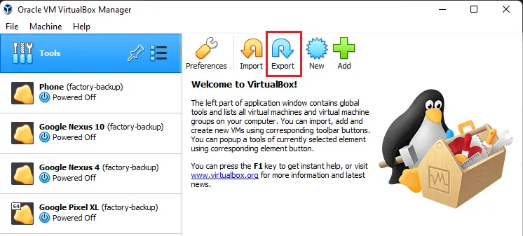 Oracle VM VirtualBox Manager