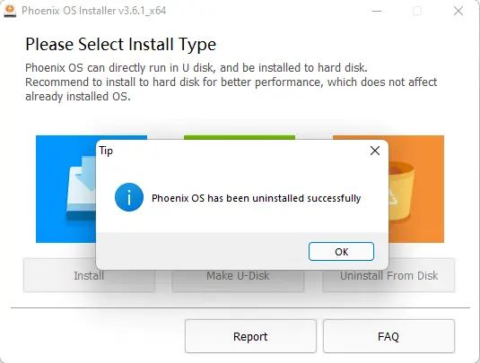 Phoenix OS uninstalled successfully