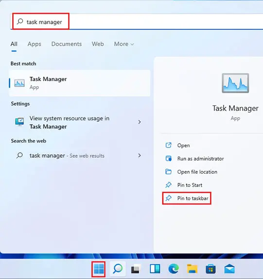 Pin task manager to taskbar