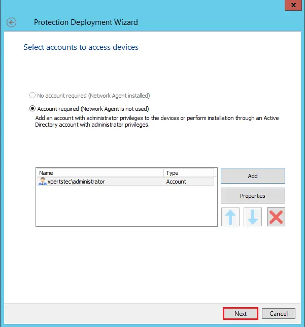 Protection deployment wizard account required