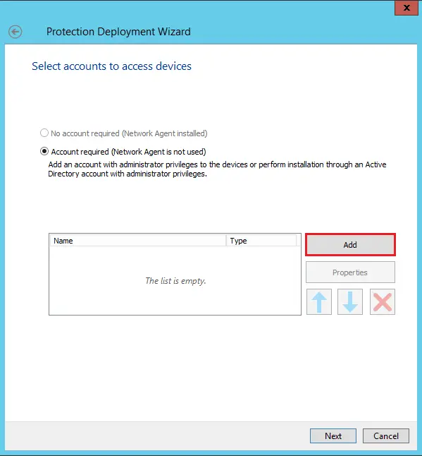 Protection deployment wizard add account