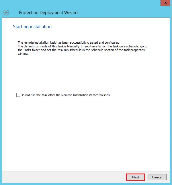 Protection deployment wizard starting installation